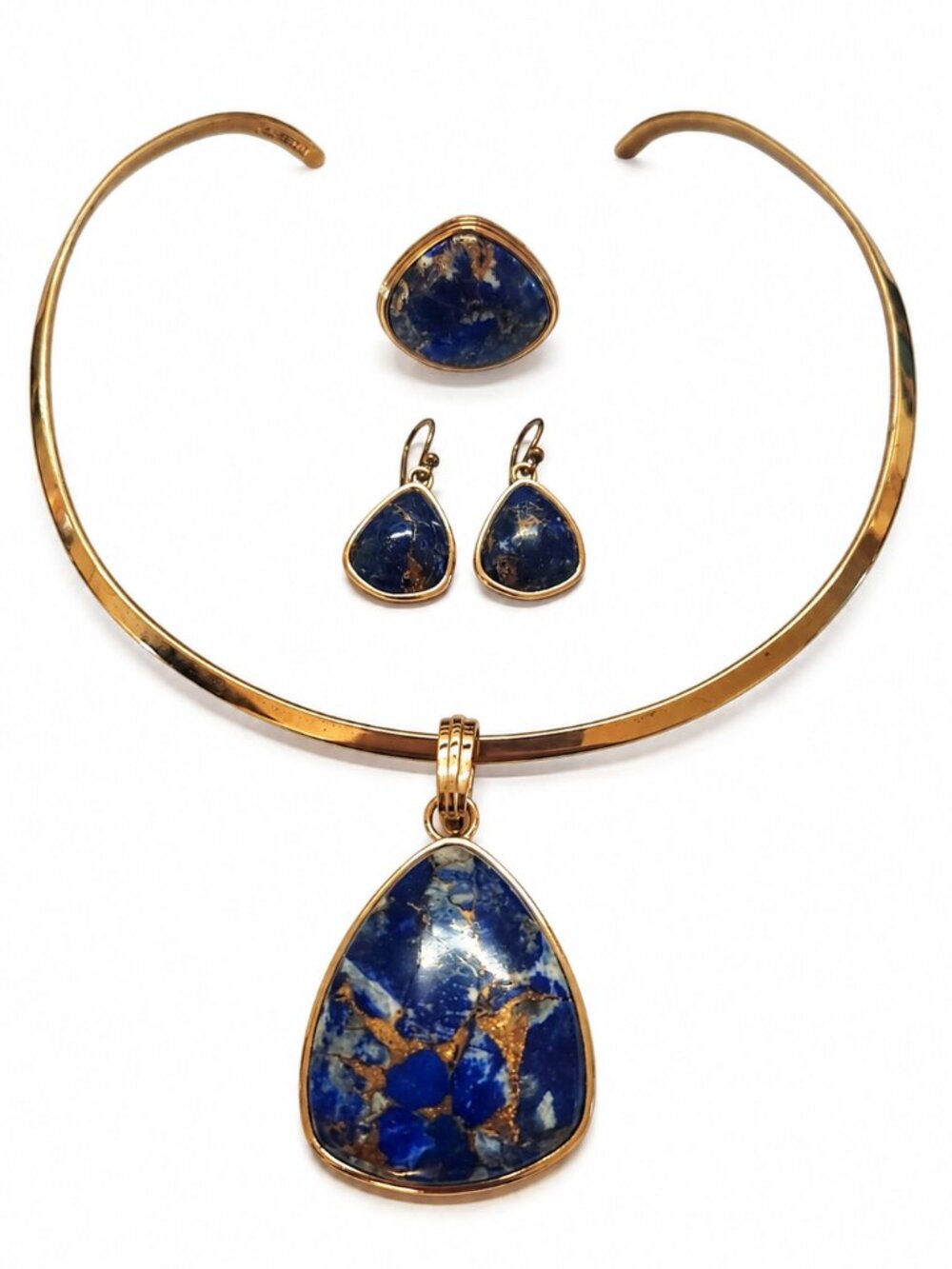BARSE Lapis & Golden Bronze Statement Jewelry Set Necklace Ring Earrings